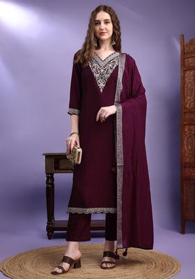 Purple Embroidered Silk Kurta Set