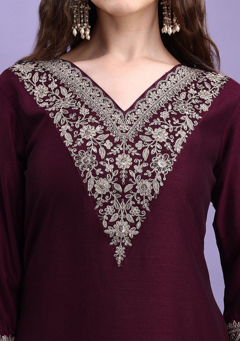 Purple Embroidered Silk Kurta Set - Indya