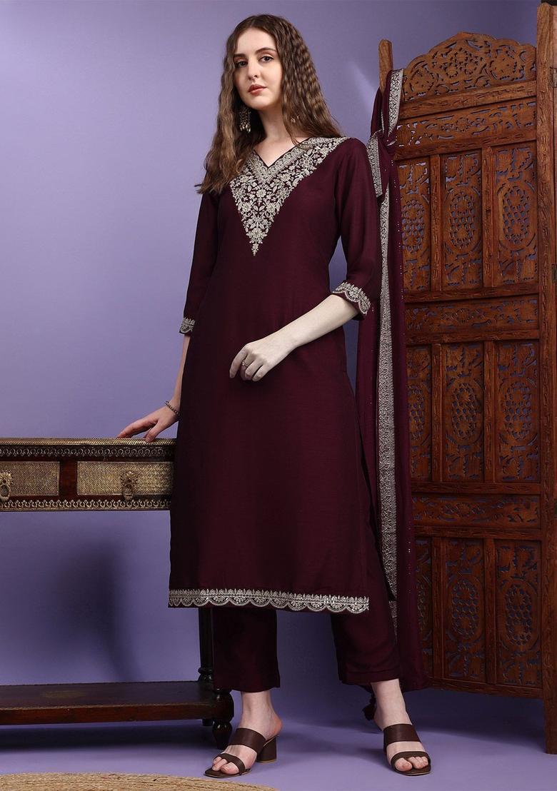 Purple Embroidered Silk Kurta Set - Indya