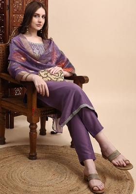 Lavender Embroidered Silk Kurta Set