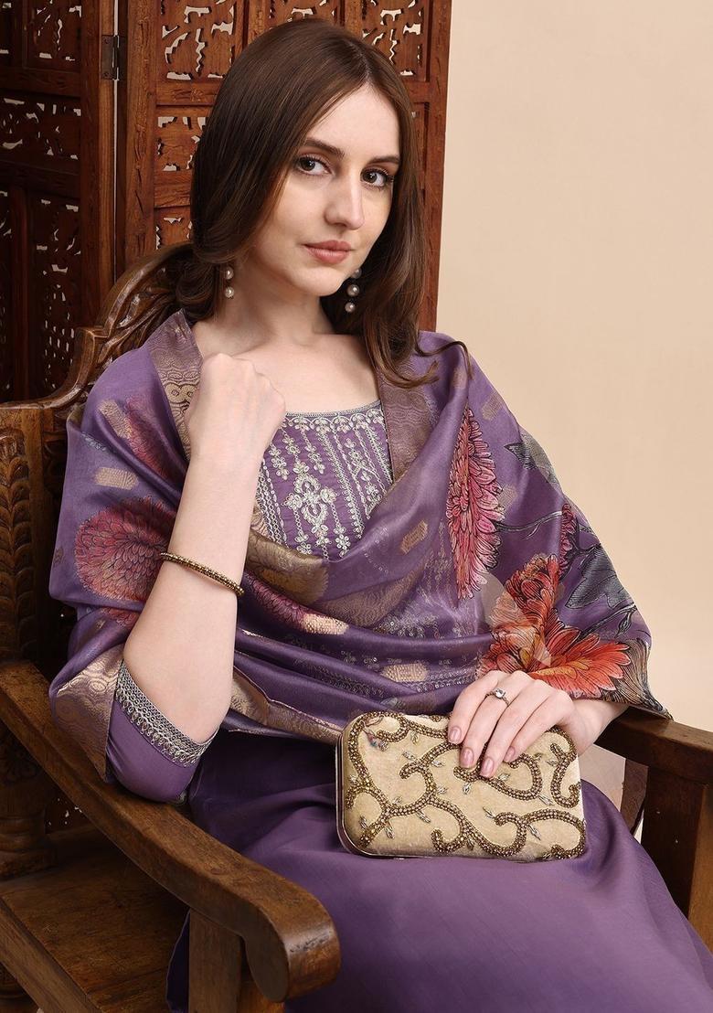 Lavender Embroidered Silk Kurta Set - Indya