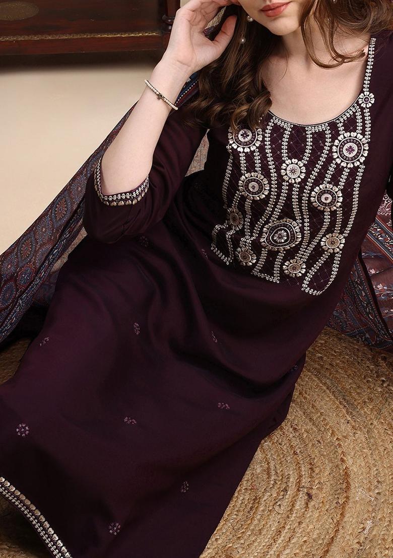 Violet Embroidered Silk Kurta Set - Indya