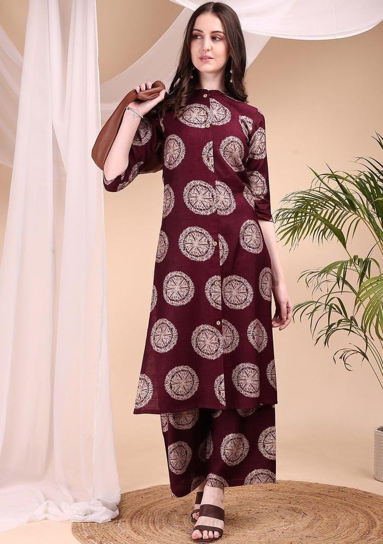 Magenta Printed Silk Kurta Set - Indya