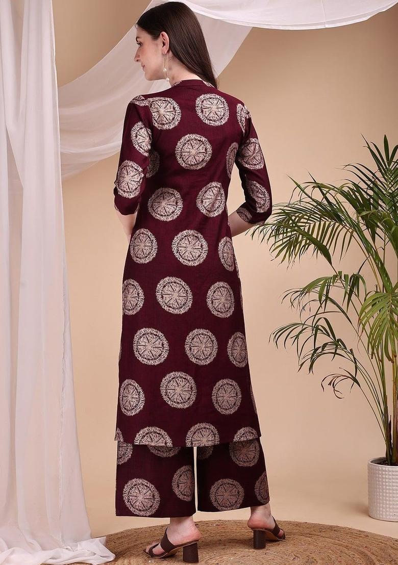 Magenta Printed Silk Kurta Set - Indya