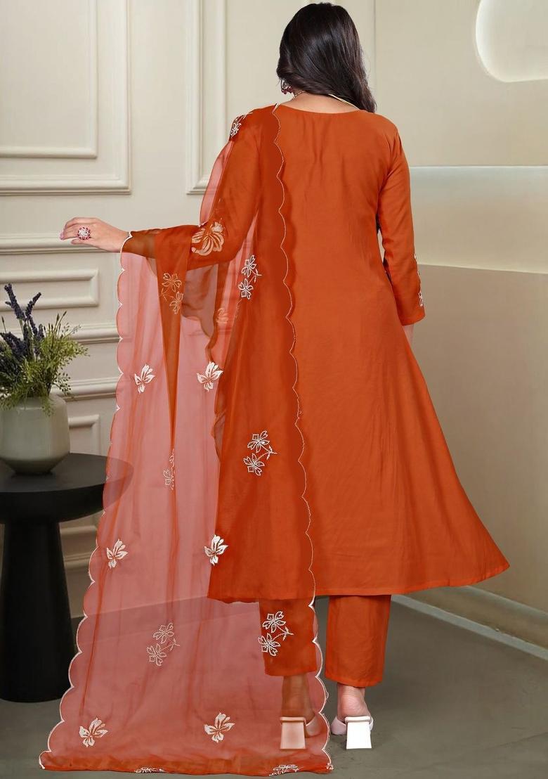 Rust Embroidered Chinon Kurta Set - Indya