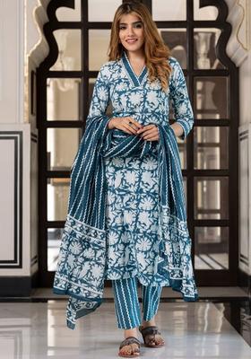 Teal Printed Cotton Kurta Set
