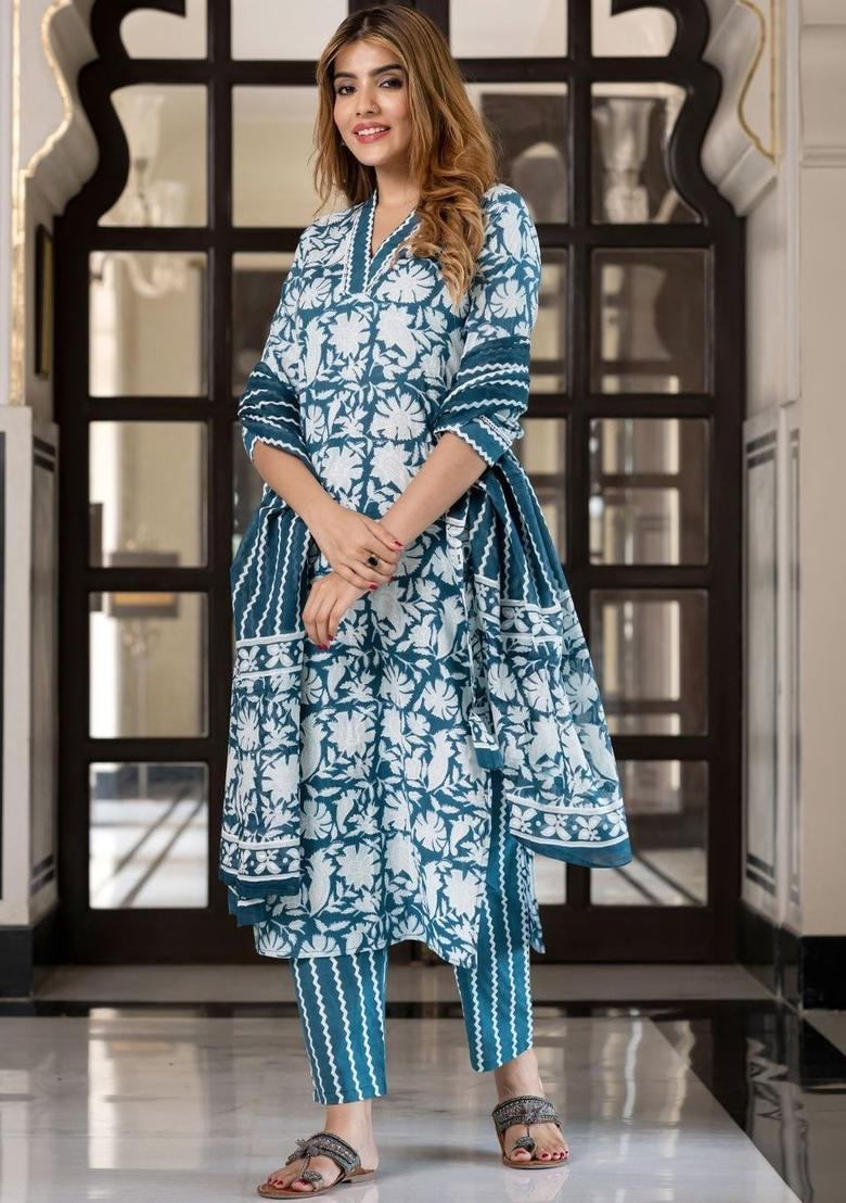 Teal Printed Cotton Kurta Set - Indya