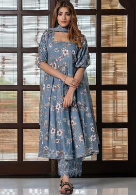 Grey Printed Cotton Kurta Set