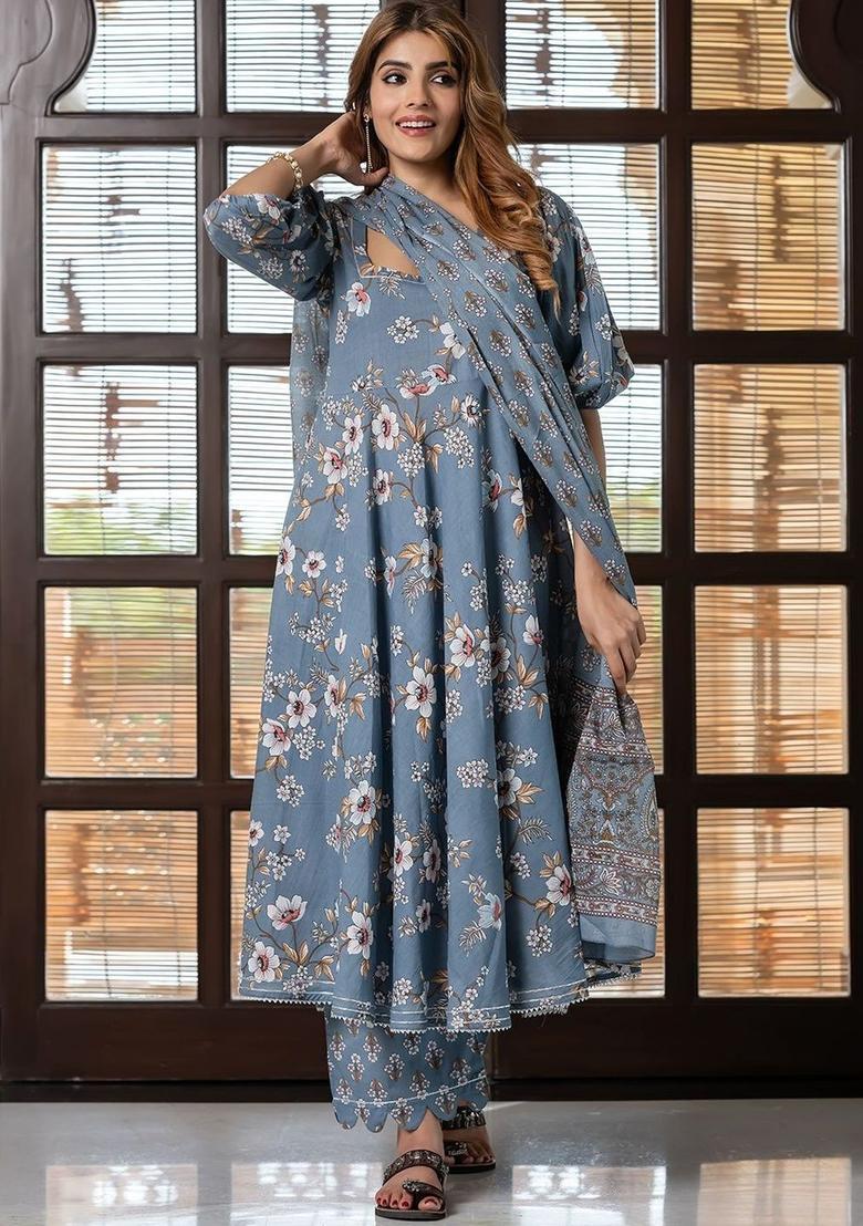 Grey Printed Cotton Kurta Set - Indya