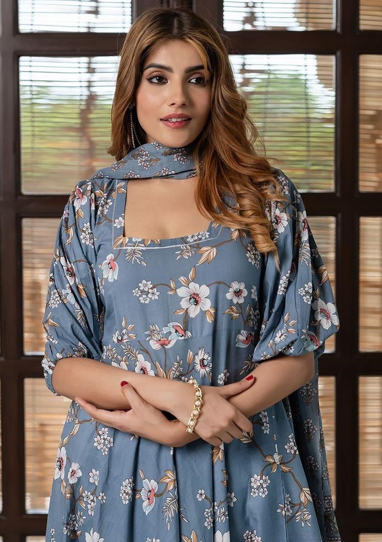 Grey Printed Cotton Kurta Set - Indya