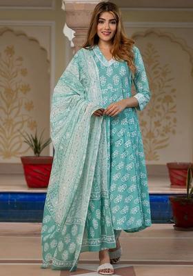 Turquoise Blue Printed Cotton Anarkali Set