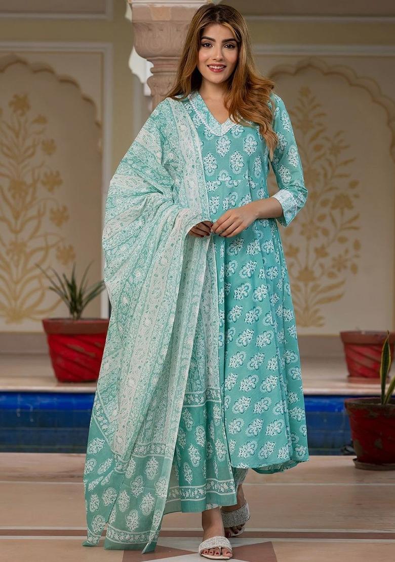 Turquoise Blue Printed Cotton Anarkali Set - Indya