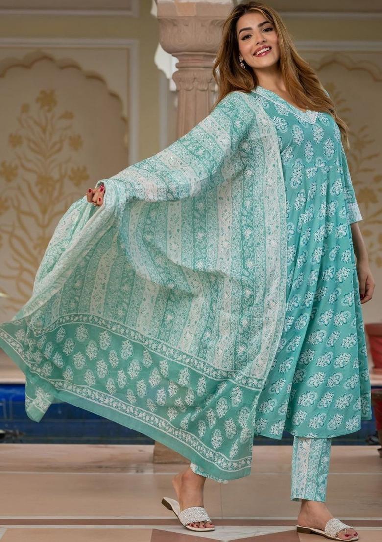 Turquoise Blue Printed Cotton Anarkali Set - Indya