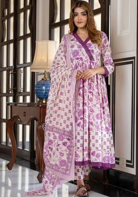 Purple Printed Cotton Anarkali Set