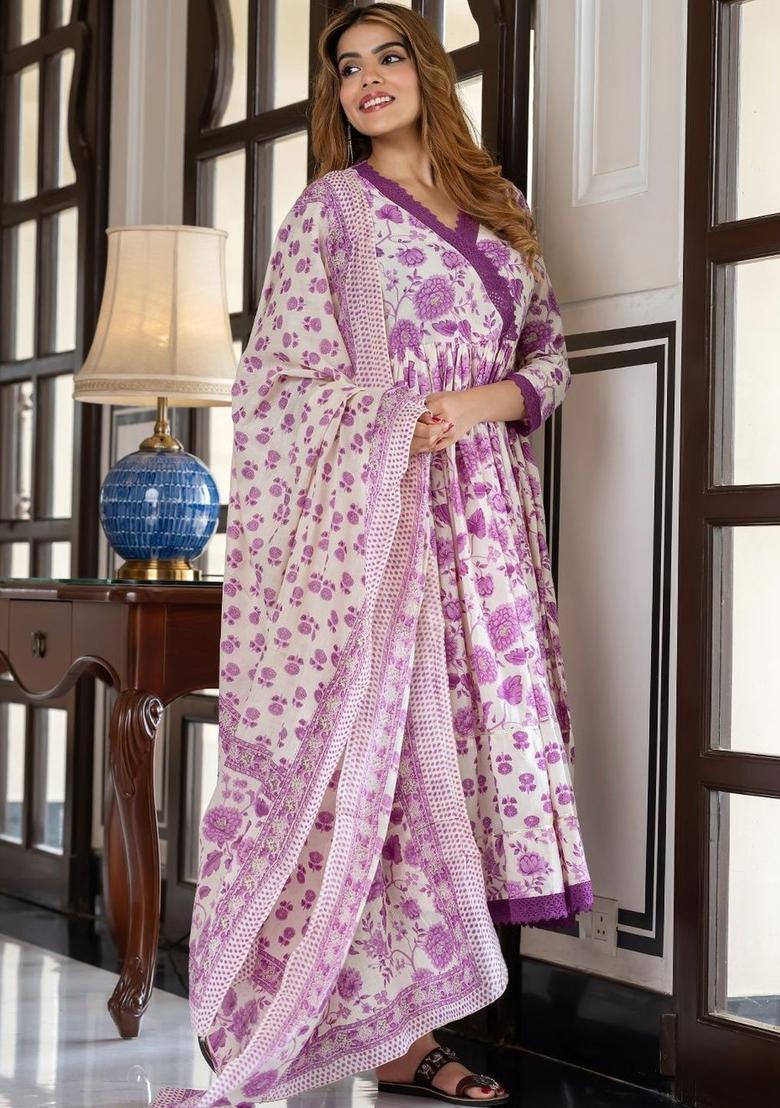 Purple Printed Cotton Anarkali Set - Indya