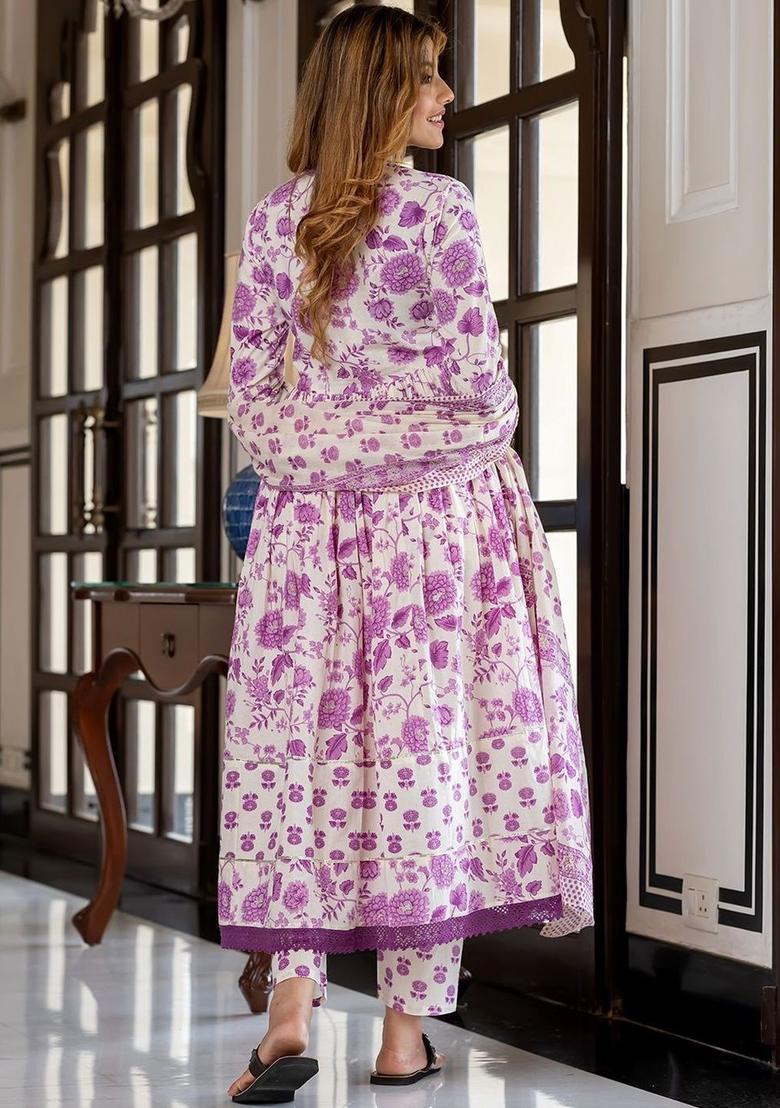 Purple Printed Cotton Anarkali Set - Indya