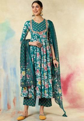 Green Printed Cotton Anarkali Set