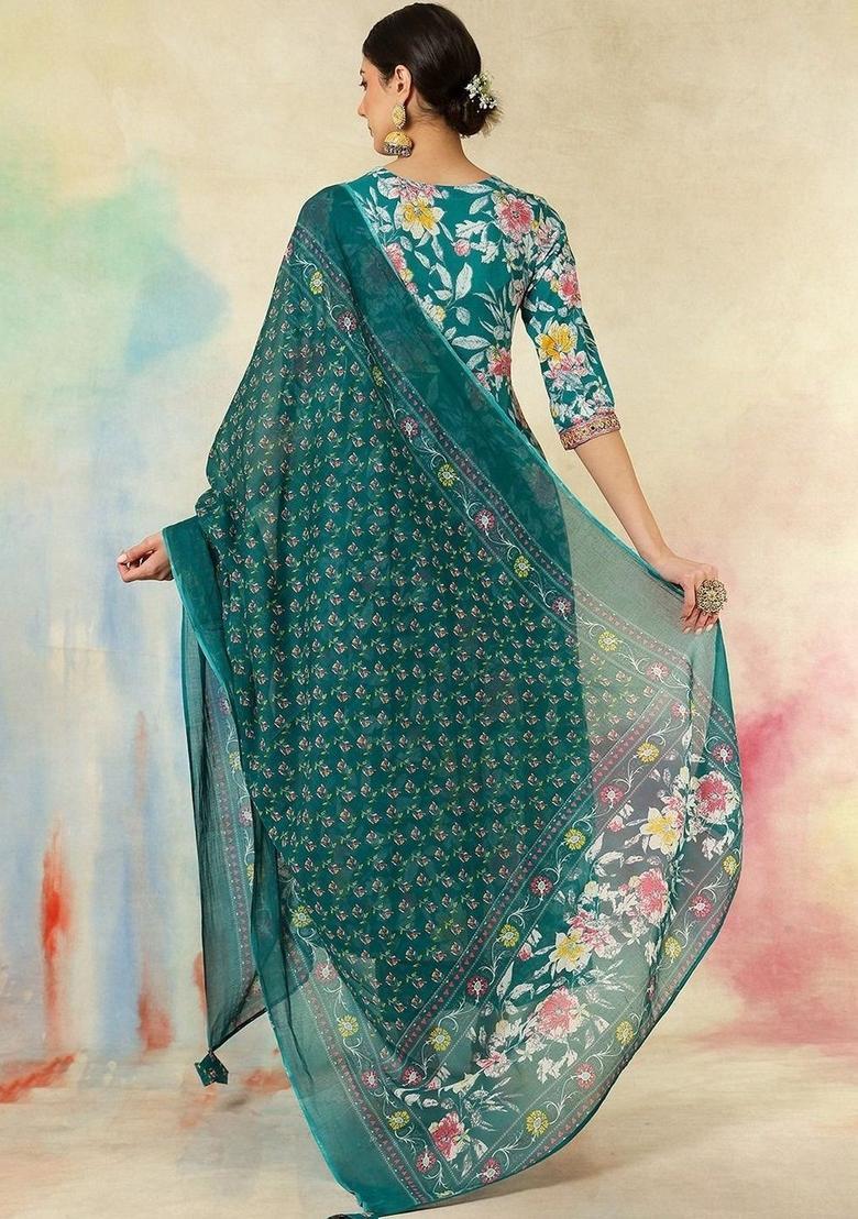 Green Printed Cotton Anarkali Set - Indya