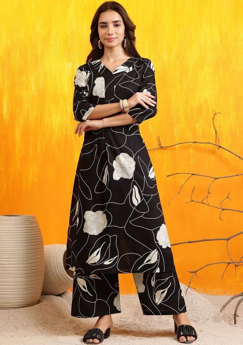 Black Printed Cotton Kurta Set - Indya