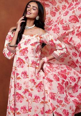 Beige Printed Viscose Kurta Set