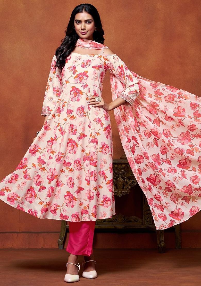 Beige Printed Viscose Kurta Set - Indya