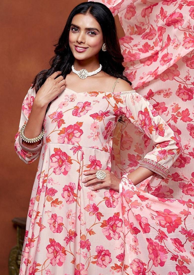 Beige Printed Viscose Kurta Set - Indya