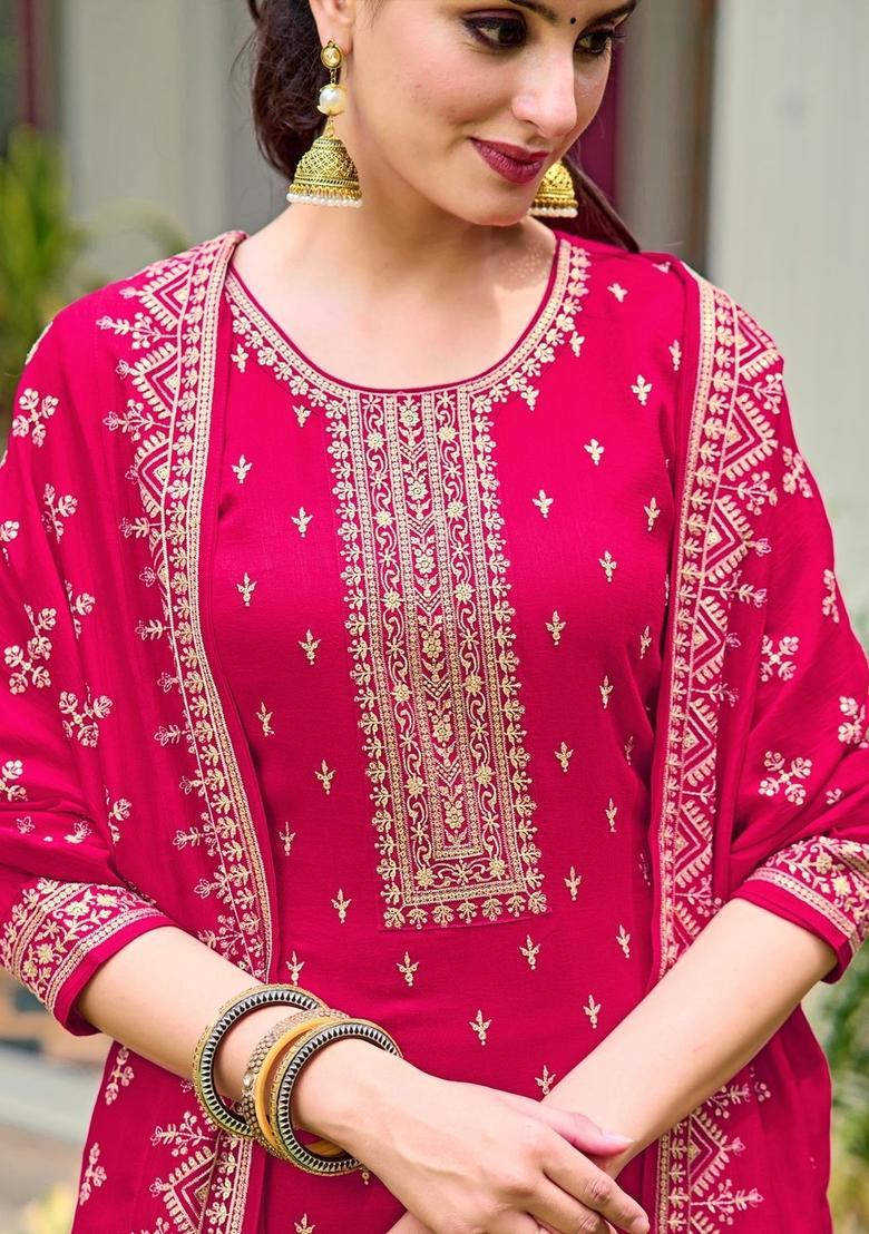 Pink Embroidered Silk Kurta Set - Indya