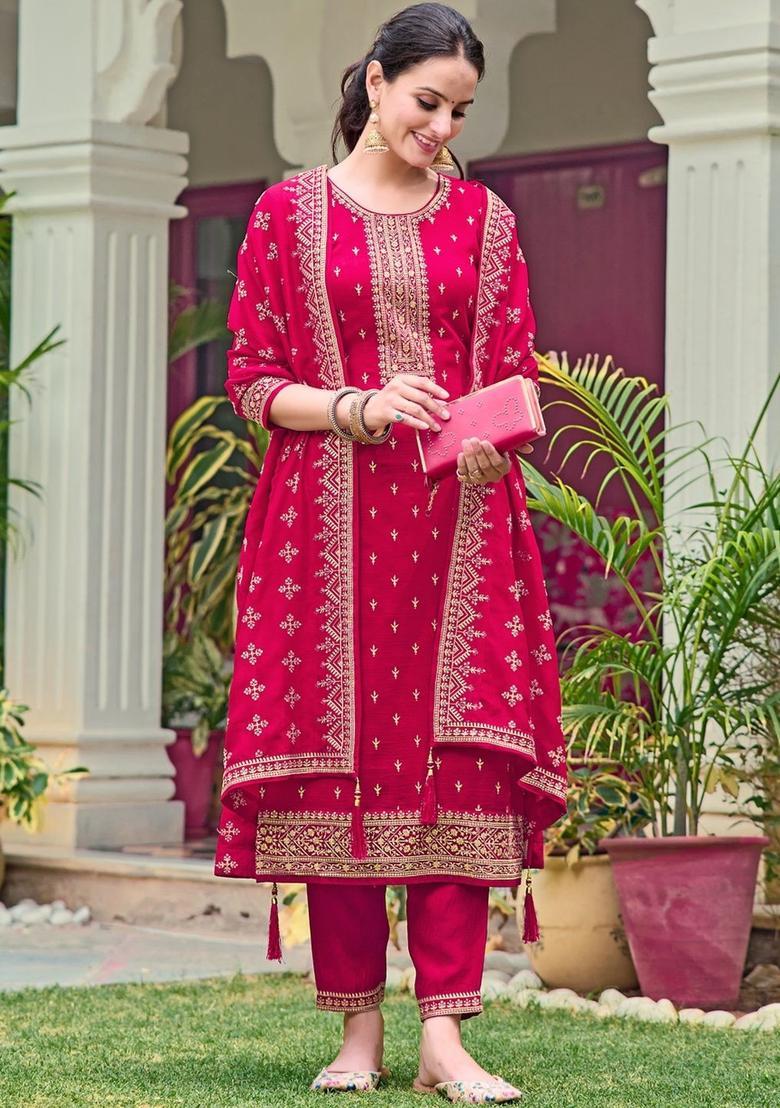 Pink Embroidered Silk Kurta Set - Indya