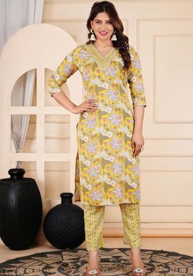 Mustard Printed Viscose Kurta Set