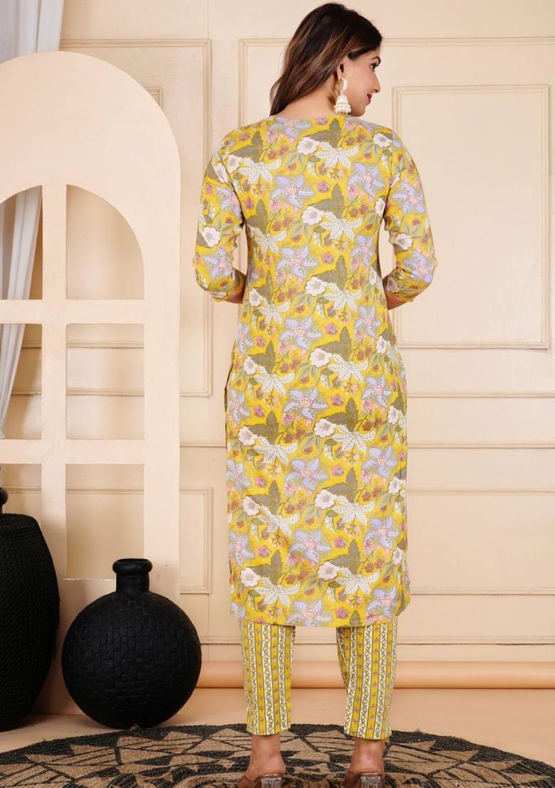 Mustard Printed Viscose Kurta Set - Indya