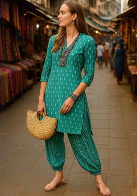 Teal Printed Cotton Kurta Set