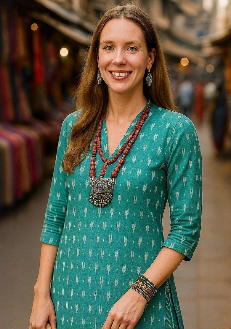 Teal Printed Cotton Kurta Set - Indya