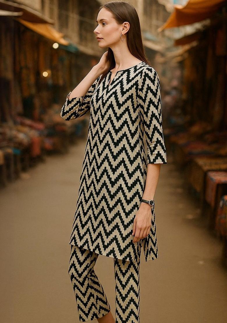Black Printed Cotton Kurta Set - Indya