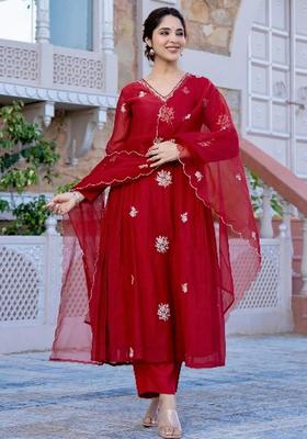 Red Embroidered Silk Kurta Set
