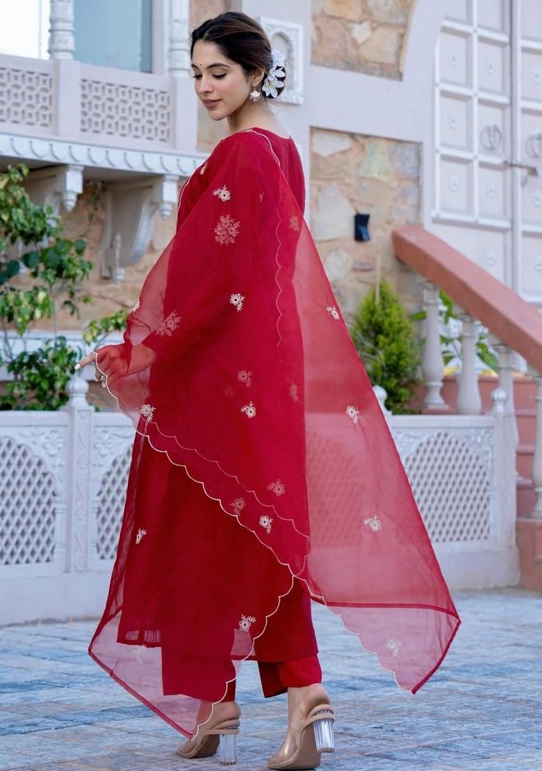 Red Embroidered Silk Kurta Set - Indya