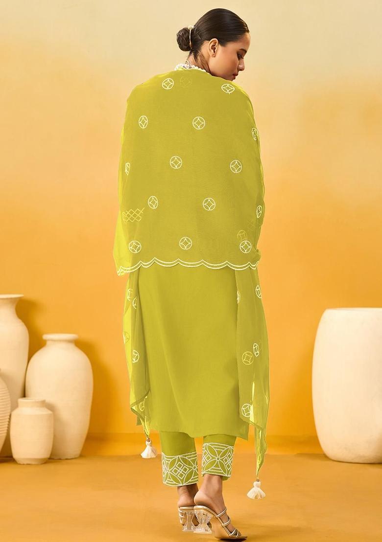 Yellow Embroidered Silk Kurta Set - Indya