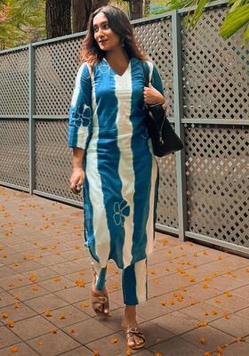 Blue Printed Viscose Kurta Set