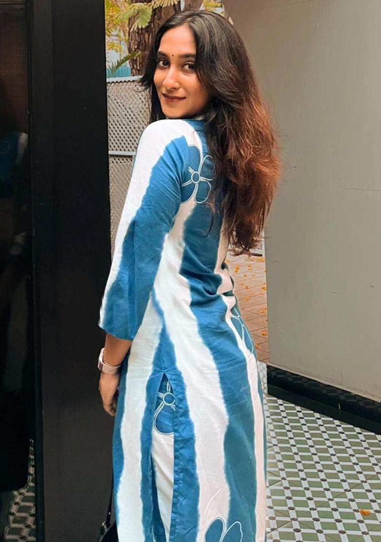 Blue Printed Viscose Kurta Set - Indya