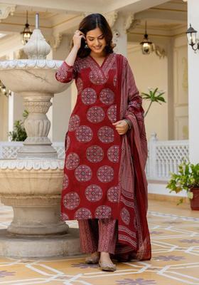 Red Printed Viscose Kurta Set
