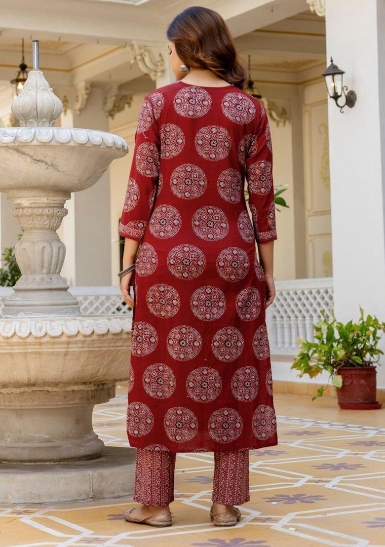 Red Printed Viscose Kurta Set - Indya
