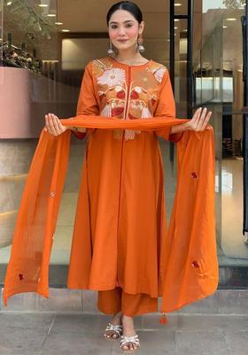 Orange Yoke Design Silk Kurta Set