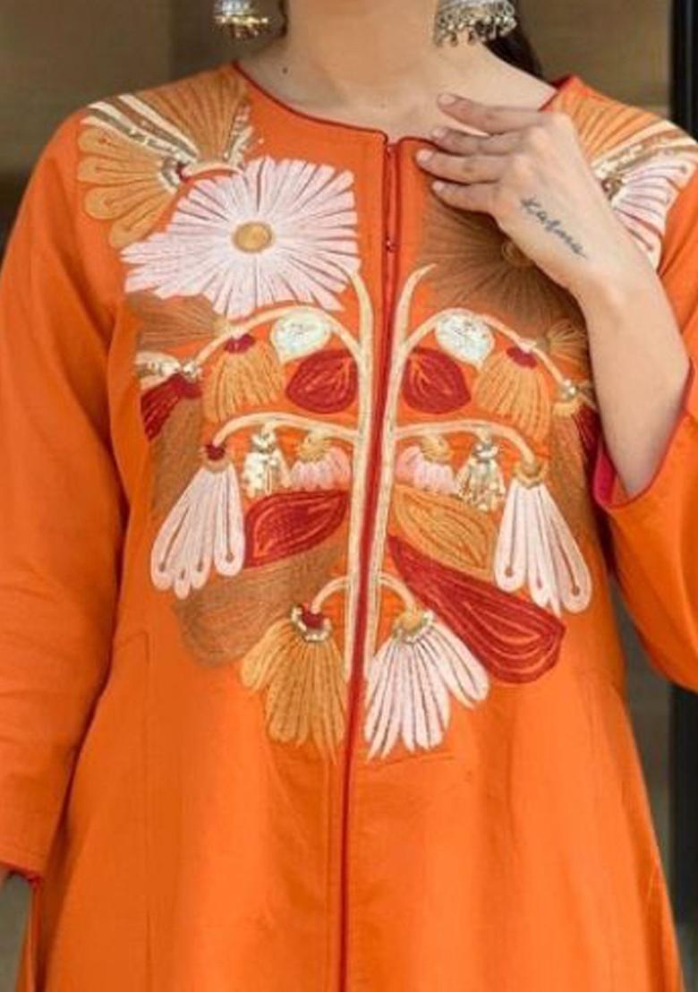 Orange Yoke Design Silk Kurta Set - Indya