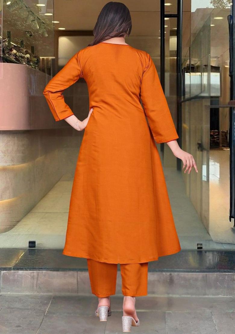 Orange Yoke Design Silk Kurta Set - Indya
