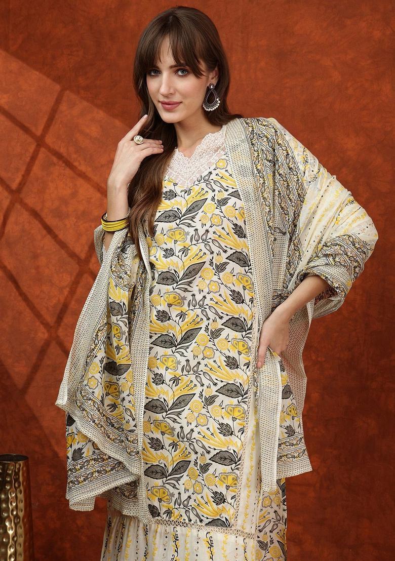 Yellow Printed Cotton Kurta Set - Indya