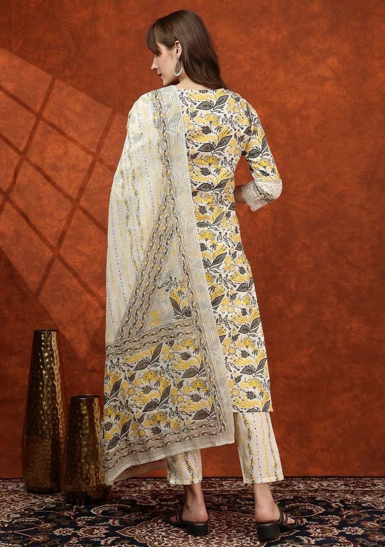 Yellow Printed Cotton Kurta Set - Indya