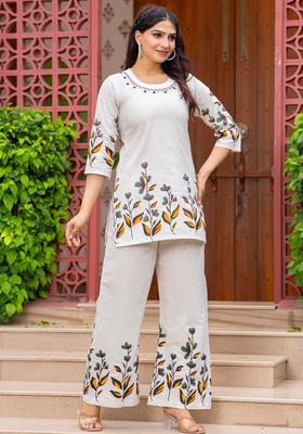 Beige Printed Cotton Kurta Set