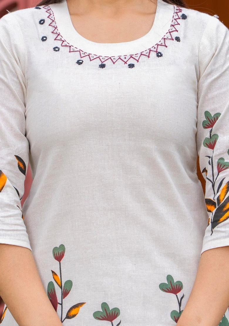 Beige Printed Cotton Kurta Set - Indya