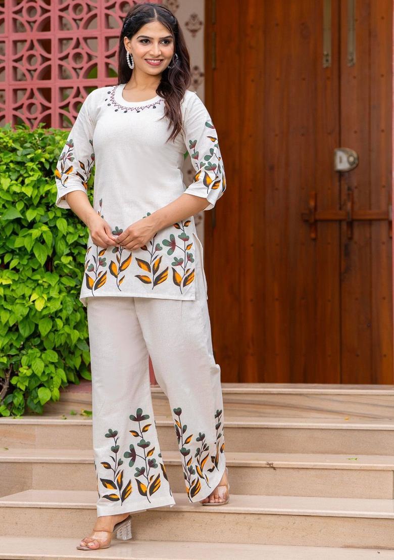 Beige Printed Cotton Kurta Set - Indya