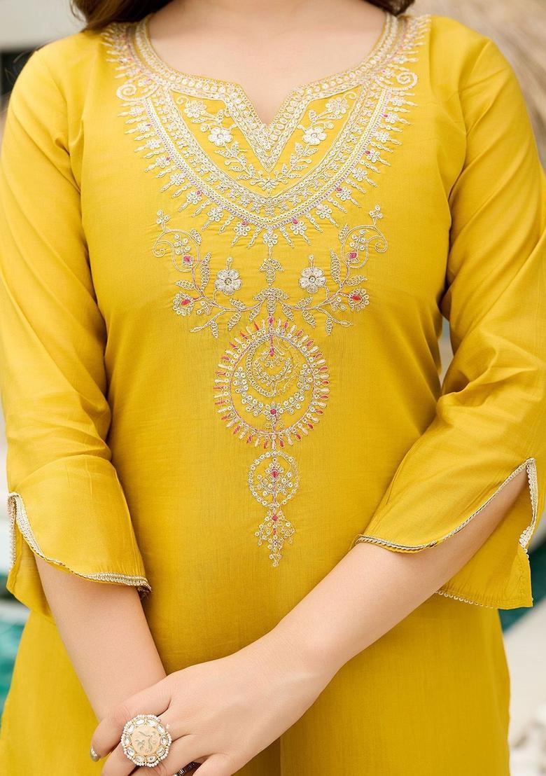Mustard Embroidered Viscose Kurta Set - Indya