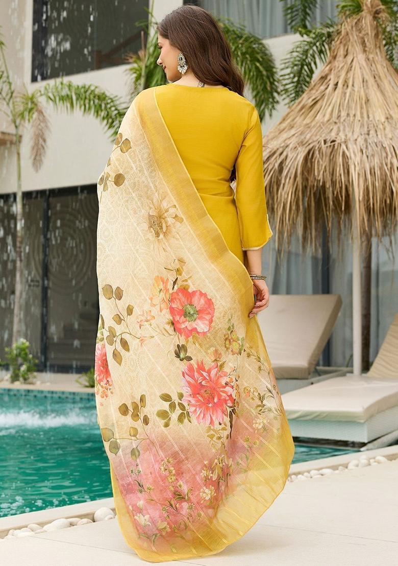 Mustard Embroidered Viscose Kurta Set - Indya